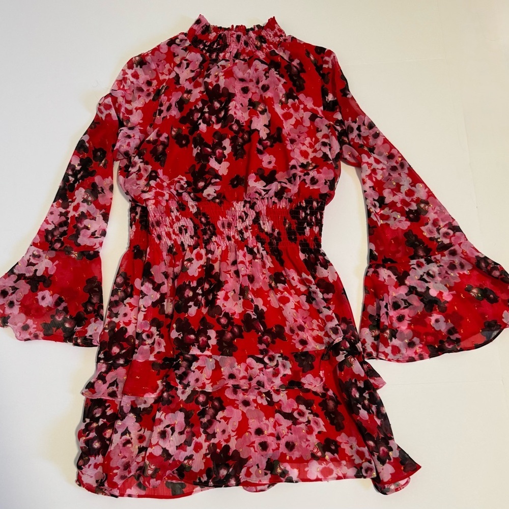 Taylor Long Sleeve Mock Neck Smocked Waist Floral Dress 10P - Picture 10 of 12